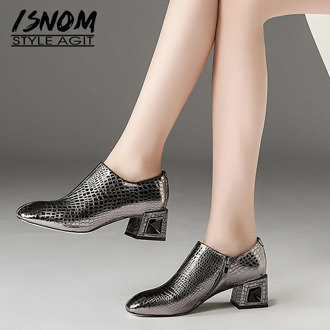 ISNOM Snake Emboss High Heels Women Pumps Zip Square Toe Footwear Leather Lady Shoes Fashion Office Shoes Woman 2019 Spring New