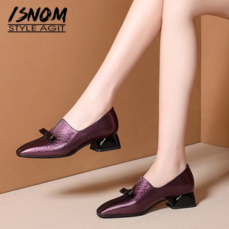 ISNOM Thick Heels Pumps Women Bow Knot Pumps Woman Cow Leather Shoes Female Office Square Toe Shoes Ladies Autumn 2019 New