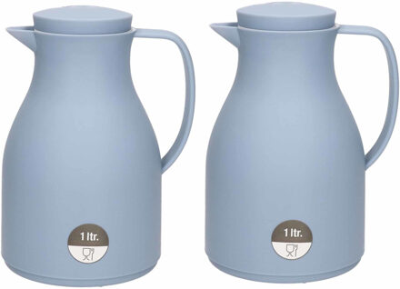 Isoleerkan - 2x - blauw - met drukknop - 1 liter - Koffiekan - thermoskan - warmhoud kan
