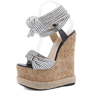 Italiaan Henneptouw Wiggen Vrouwen Sandalen 17Cm Hoge Hakken Enkelbandjes Peep Tenen Sandalen Dikke Bodem Hout graan Vrouwen Schoenen 10