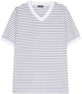 Italiaans Gestreept V-Hals T-Shirt Peserico , White , Heren - 2Xl,Xl,L,3Xl