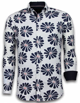 Italiaanse Overhemden - Slim Fit Overhemd - Blouse Big Leave Pattern - Wit - Maten: L