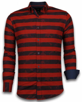 Italiaanse Overhemden - Slim Fit Overhemd - Blouse Big Stripe Camouflage Pattern - Rood - Maten: XL