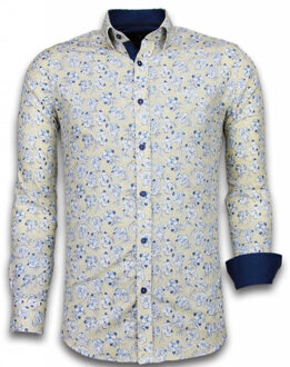Italiaanse Overhemden - Slim Fit Overhemd - Blouse Drawn Flower Pattern - Beige - Maten: L
