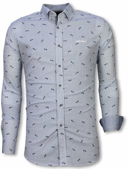 Italiaanse Overhemden - Slim Fit Overhemd - Blouse Fishbone Pattern - Licht Blauw - Maten: S