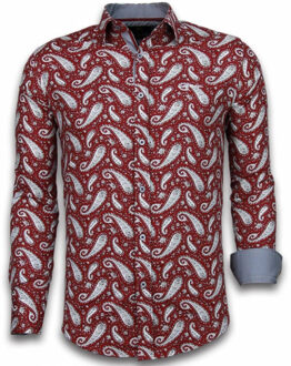 Italiaanse Overhemden - Slim Fit Overhemd - Blouse Flower Pattern - Bordeaux - Maten: L