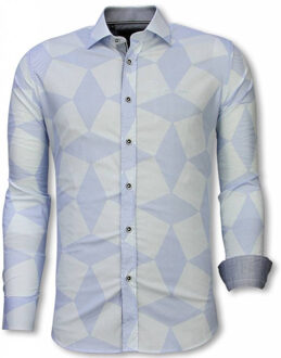 Italiaanse Overhemden - Slim Fit Overhemd - Blouse Line Pattern - Licht Blauw - Maten: M