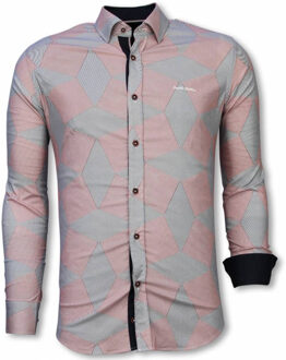 Italiaanse Overhemden - Slim Fit Overhemd - Blouse Line Pattern - Rood - Maten: S