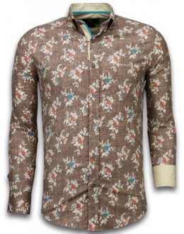 Italiaanse Overhemden - Slim Fit Overhemd - Blouse Woven Flowers Pattern - Bruin - Maten: S