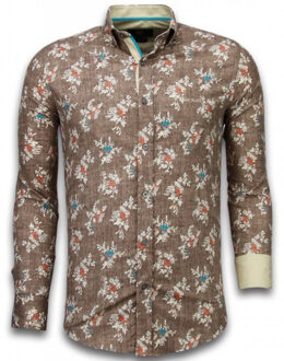 Italiaanse Overhemden - Slim Fit Overhemd - Blouse Woven Flowers Pattern - Bruin - Maten: XXL