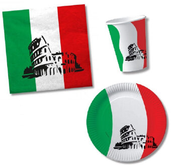 Italie thema versiering set - vlag Italie kleuren - 20x personen - bekers - borden - servetten