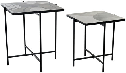 ITEM Bijzettafels - set 2x stuks - vierkant - zwart met print - metaal en hout - 40x40x46 cm