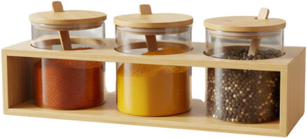 Item Int. Kruidenpotjes set - 3x - borosilicaatglas - incl. lepeltjes - bamboe tray