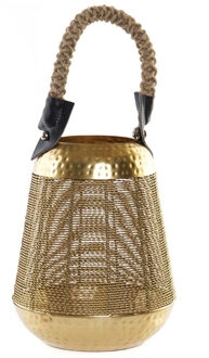 ITEM Kaarshouder windlicht - goud - metaal - 28 cm - met touw - voor binnen en buiten