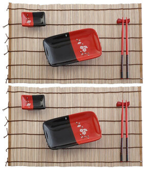 Items 10-delige sushi serveer set keramiek voor 2 personen zwart/rood