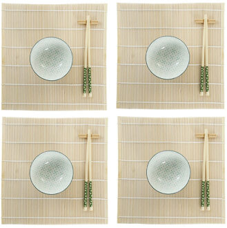 Items 16-delige sushi serveer set aardewerk voor 4 personen groen/wit