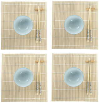 Items 16-delige sushi serveer set aardewerk voor 4 personen licht blauw/wit