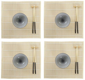 Items 16-delige sushi serveer set aardewerk voor 4 personen zwart/wit