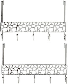 Items 2x stuks deurhangers kapstok zilver met bloemenpatroon en 5 haken 32 cm