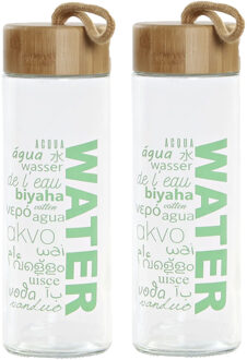 Items 2x stuks glazen waterflessen/drinkflessen groen transparant met touwtje 580 ml - Drinkflessen