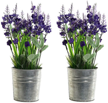 Items 2x stuks lavendel kunstplanten/kamerplanten paars in grijze sierpot H28 cm x D18 cm - Kunstplanten