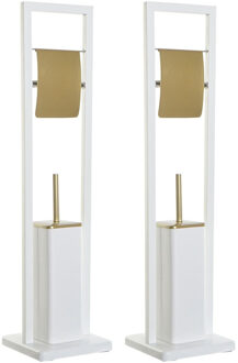 Items 2x stuks toiletborstels met toiletrolhouder wit/goud metaal 80 cm - Toiletborstels