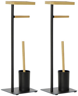 Items 2x stuks toiletborstels met toiletrolhouder zwart kunststof/bamboe 67 cm