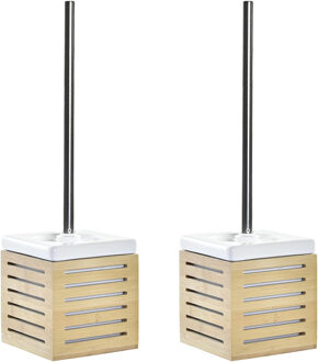 Items 2x stuks WC/Toiletborstel in houder bamboe hout/wit 37 x 11 cm - Toiletborstels