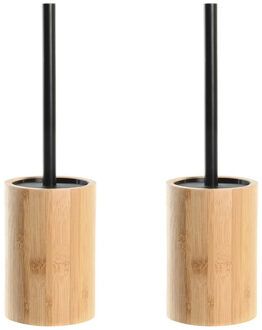 Items 2x Stuks WC/Toiletborstel in houder naturel/zwart bamboe hout 36 x 10 cm - Toiletborstels Bruin