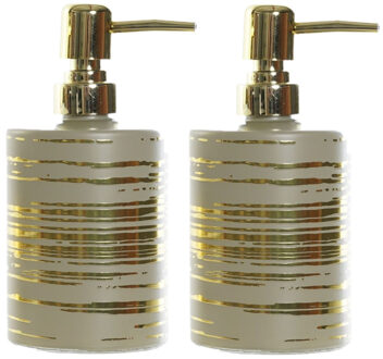 Items 2x stuks zeeppompjes/zeepdispensers beige met gouden strepen van glas 450 ml - Zeeppompjes