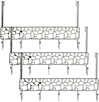 Items 3x stuks deurhangers kapstok zilver met bloemenpatroon en 5 haken 32 cm