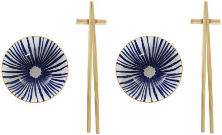 Items 6-delige sushi serveer set aardewerk voor 2 personen blauw/wit - Bordjes