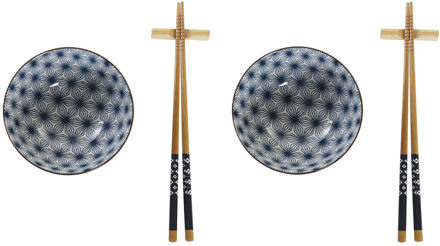 Items 6-delige sushi serveer set aardewerk voor 2 personen blauw/wit