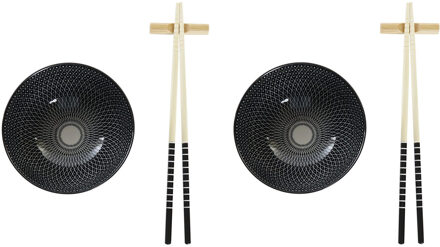 Items 6-delige sushi serveer set aardewerk voor 2 personen zwart/wit