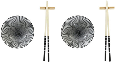 Items 6-delige sushi serveer set aardewerk voor 2 personen zwart/wit