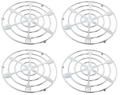 Items 6x stuks metalen pannenonderzetters rond zilver met bestek patroon 20 cm