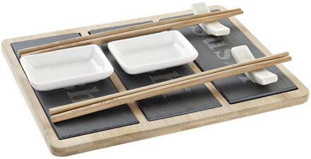 Items 7-delige sushi serveer set bamboe voor 2 personen - Bordjes Wit