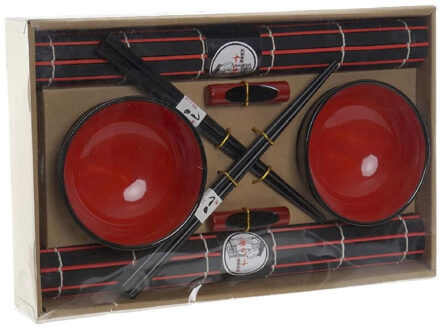 Items 8-delige luxe sushi serveer set keramiek voor 2 personen zwart/rood - Bordjes Multikleur