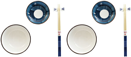 Items 8-delige sushi serveer set porselein voor 2 personen wit/blauw - Bordjes Multikleur