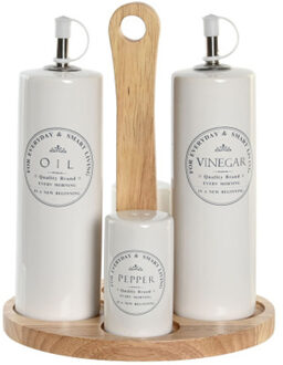 Items Azijn/Olie flessen tafelset - met peper/zout vaatjes - keramiek/bamboe - wit