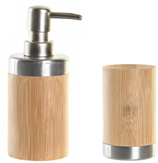 Items badkamer accessoires set - drinkbeker - zeeppompje 17 cm - bamboe / zilver / naturel