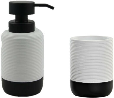 Items Badkamer accessoires setje drinkbeker en zeeppompje 17 cm wit/zwart - Badkameraccessoireset