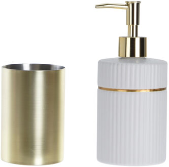 Items Badkamer accessoires setje drinkbeker en zeeppompje 19 cm wit/goud - Zeeppompjes