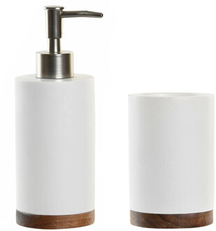 Items Badkamer accessoires setje drinkbeker en zeeppompje 19 cm wit/hout - Zeeppompjes