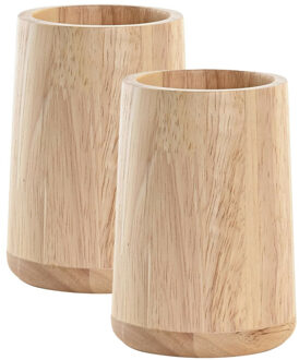Items Badkamer tandenborstelhouder / drinkbeker - 2x - hout - beige - 8 x 11 cm