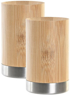 Items Badkamer tandenborstelhouder / drinkbeker - 2x - hout/zilver - 7 x 11 cm - Tandenborstelhouders Beige