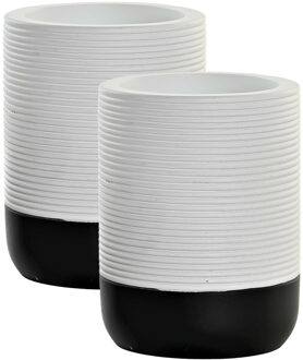 Items Badkamer tandenborstelhouder / drinkbeker - 2x - polyresin - wit/zwart - 8 x 10 cm