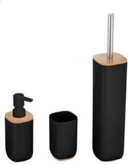 Items Badkamerset 3-delig - zwart - bamboe en rvs - toiletborstel - zeeppomp - beker - Badkameraccessoireset