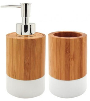 Items Badkamerset met zeeppompje en tandenborstel beker bamboe 17 cm