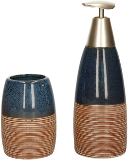 Items Badkamerset met zeeppompje en tandenborstel beker donkerblauw polystone 11 cm